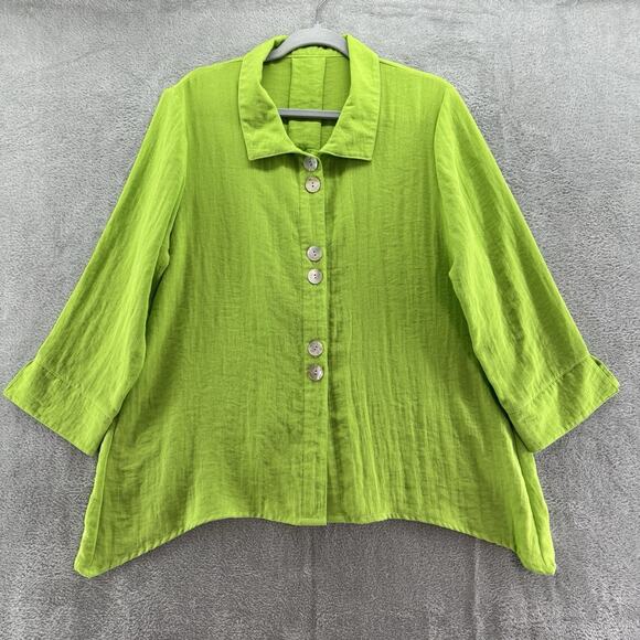 Fridaze Tops - Fridaze Top Womens L Green Linen Button Up Long Sleeve Collared Lagenlook